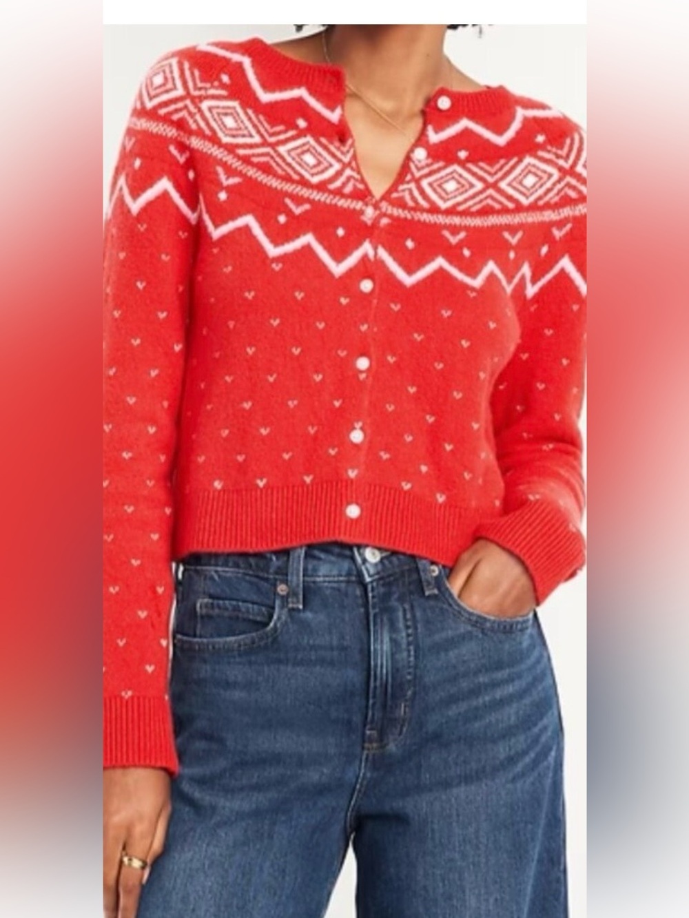 Old Navy Red Fair Isle Button-Front Cardigan